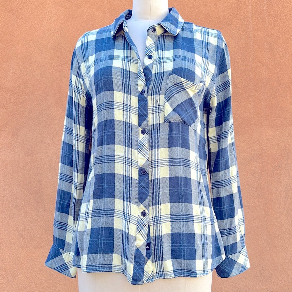 RAILS Hunter Plaid Blue + Buttercream Flannel Button Down Shirt Sz L